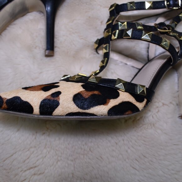 BCBG Darron Leopard Studded Strappy Stiletto Heels 7.5 Pointed Toe - Picture 8 of 11